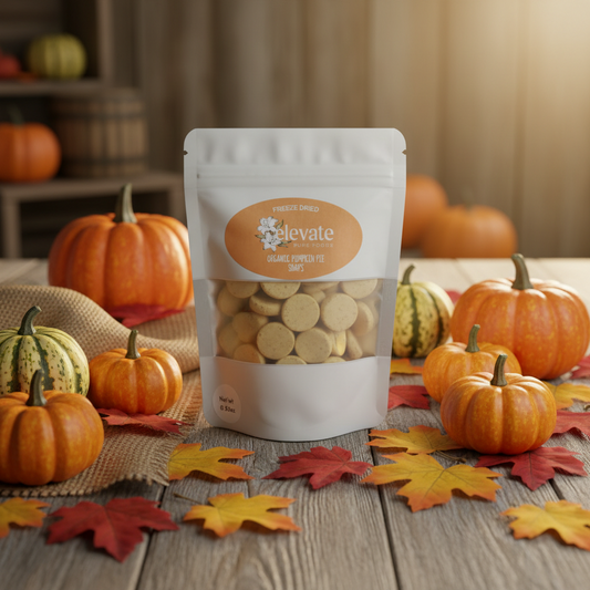 Package of organic pumpkin pie snacks with 'elevate pure foods' branding on a white background