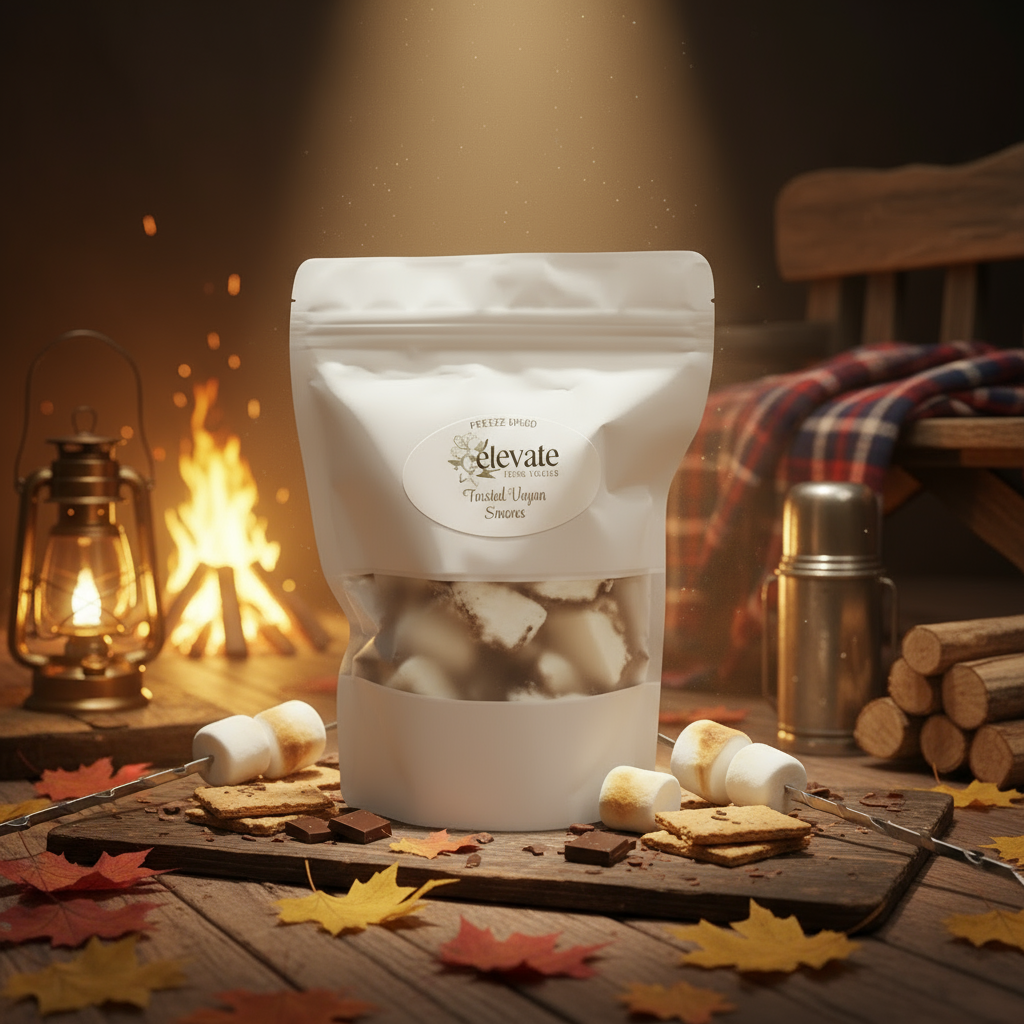 Gray packaging of freeze-dried vegan snacks with 'Elevate' branding on a white background