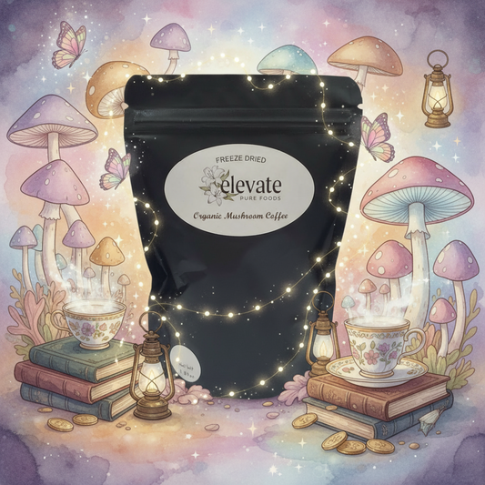 Black package of freeze-dried organic mushroom coffee with 'elevate' label on a white background